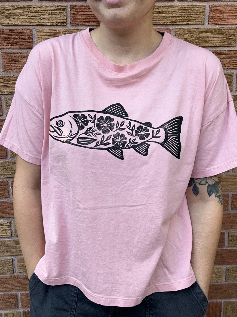 Upcycled Trout Block Printed T- Shirt